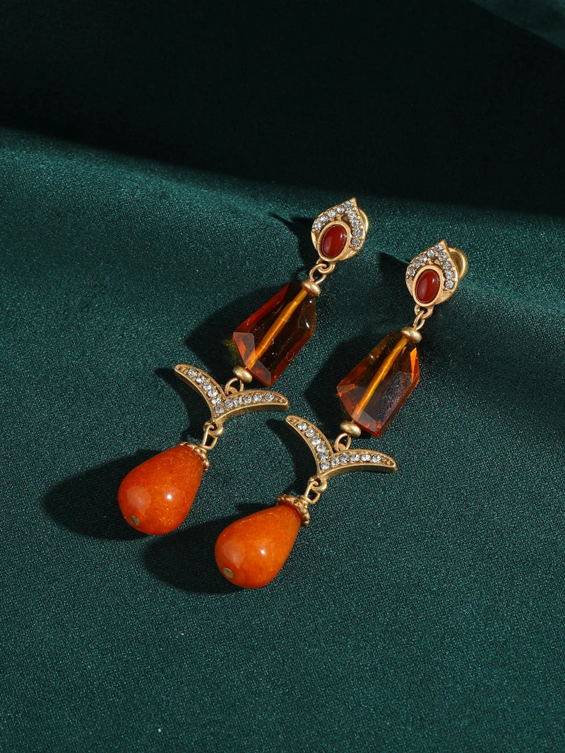 Vintage Autumn Glow Drop Earrings: Orange Glass & Citrine with Rhinestone Accents