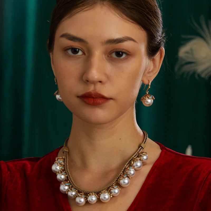 Retro Hollywood Pearl Drop Earrings – Rhinestone & Enamel Hook Pair