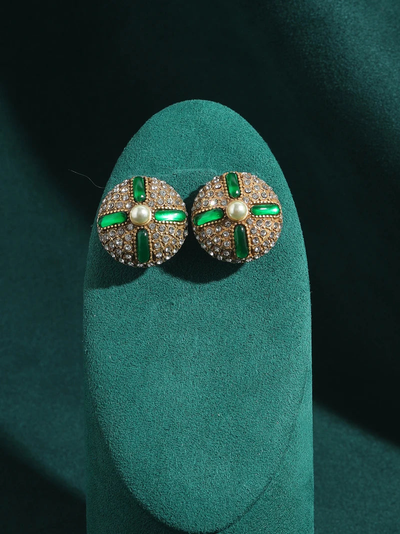 Art Deco Green Glazed Stud Earrings – Round Crystal & Pearl Statement Pair