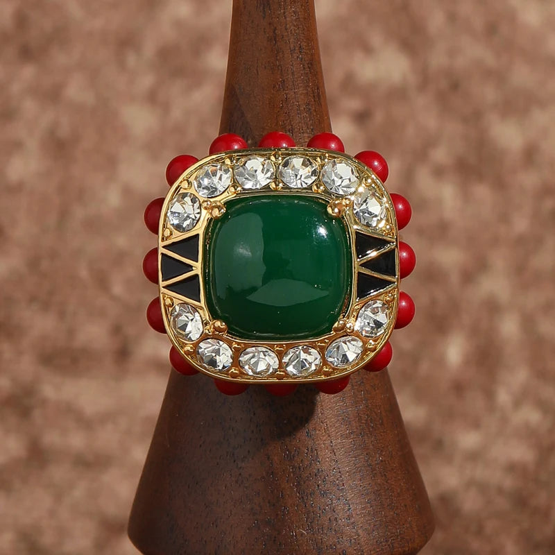 Royal Emerald & Coral Statement Ring – 18K Gold-Plated Copper