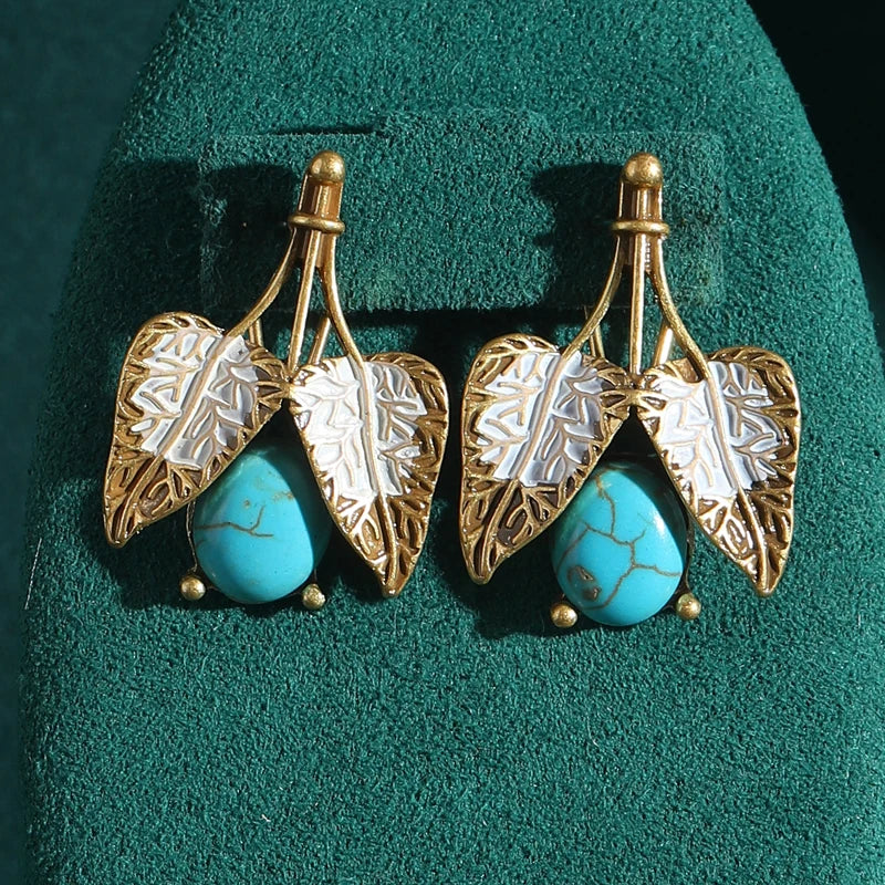 Vintage Turquoise Leaf Drop Earrings – Boho Bloom & Sea Stone Charm