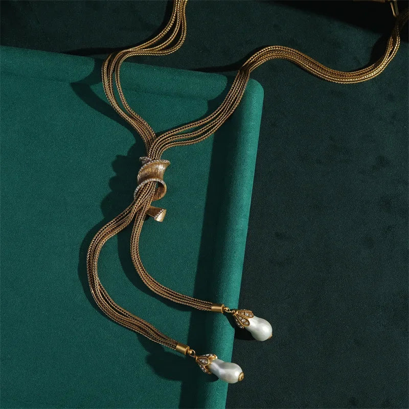 Gold Chain Pearl Tassel Necklace – Baroque Bohemian Revival