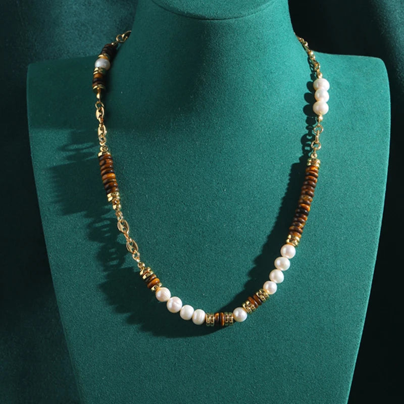 Vintage Pearl & Tiger Eye Beaded Choker Necklace