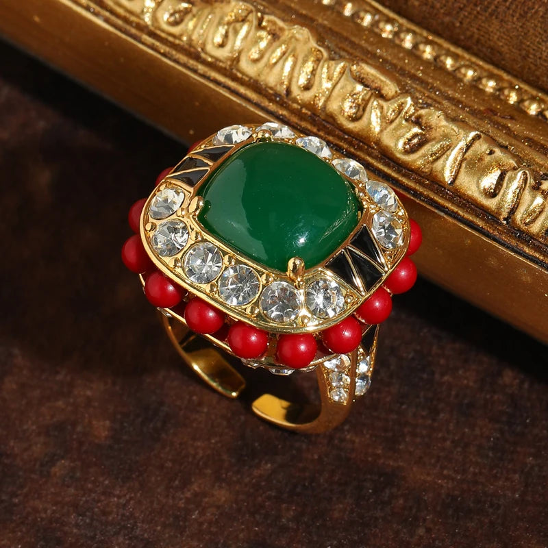 Royal Emerald & Coral Statement Ring – 18K Gold-Plated Copper