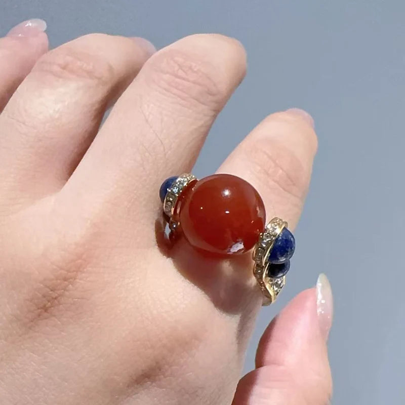 Vintage Carnelian & Lapis Orb Ring – 18K Gold-Plated