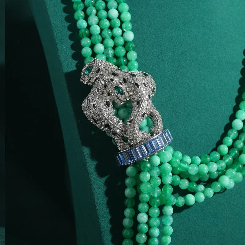 Statement Green Beads Necklace – Leopard Guardian & Crystal Fringe