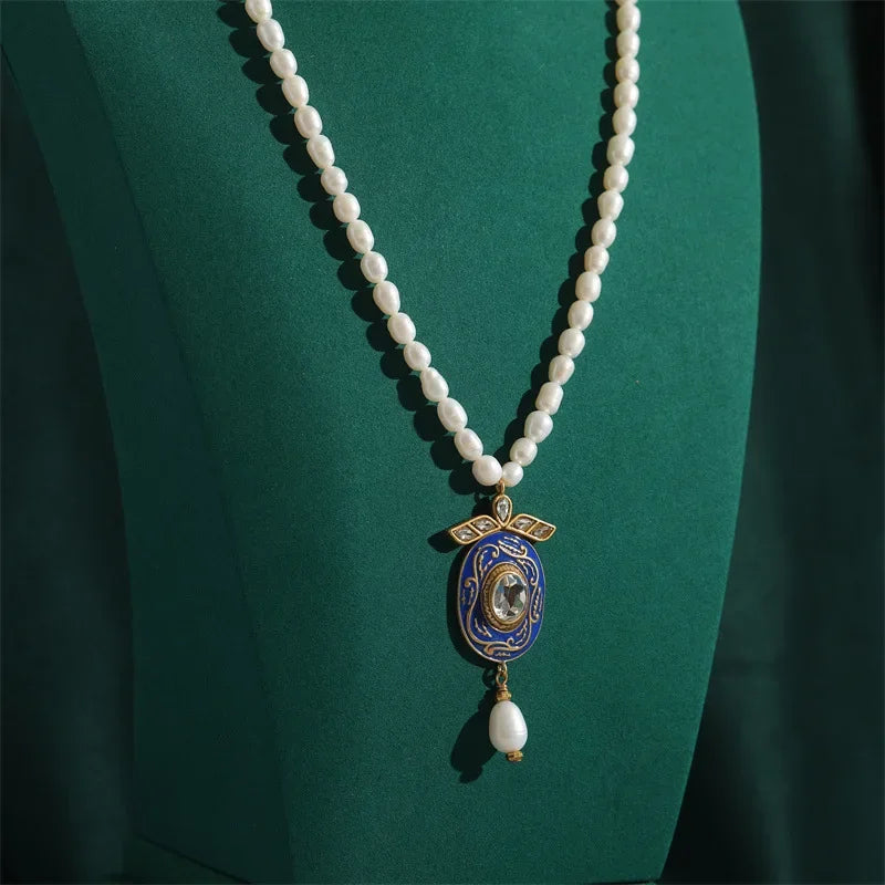 Vintage Freshwater Pearl Necklace with French Court Oval Enamel Pendant