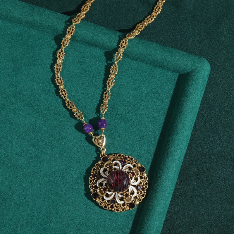 Vintage Purple Glaze Lion Pendant Necklace