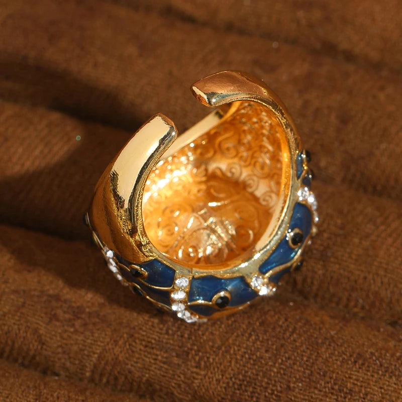 Vintage Green Crystal & Blue Enamel Gold-Plated Statement Ring – Adjustable