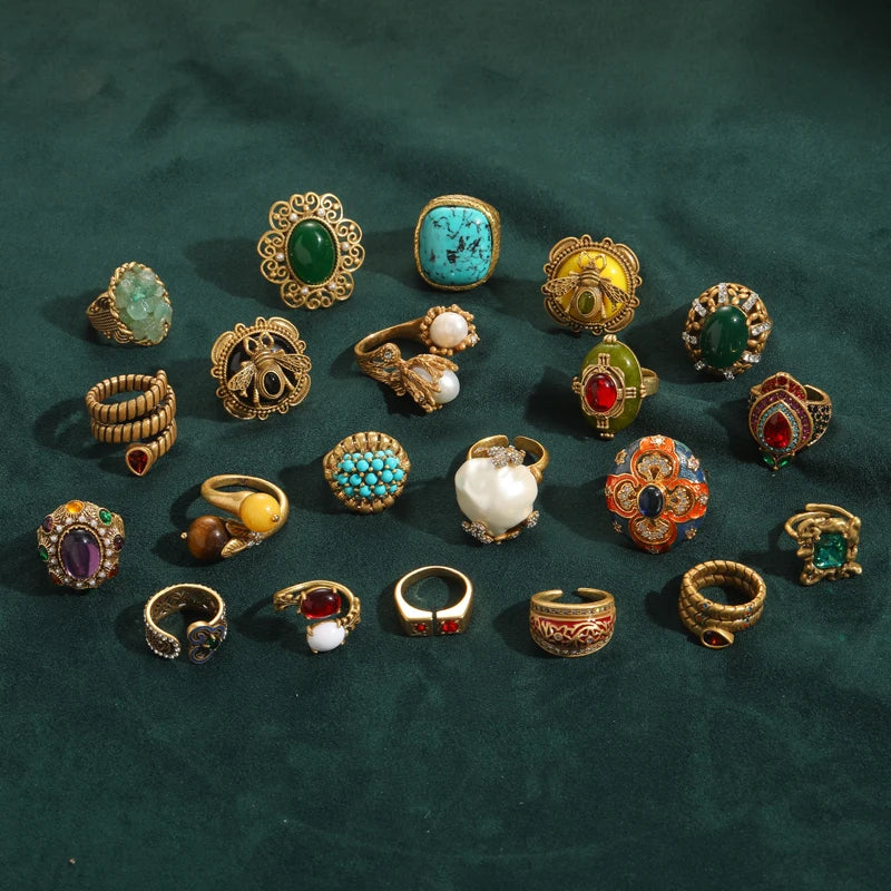 1960s Boho Mod Globe Ring – Green & Pink Natural Stone