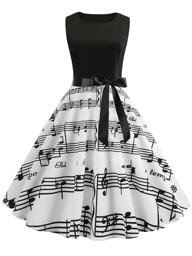 Vintage Musical Note Print Swing Dress