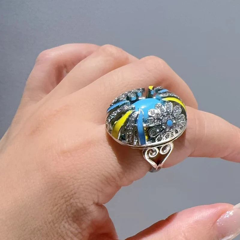 Vintage Enamel Sunburst Cocktail Ring – 18K Gold-Plated