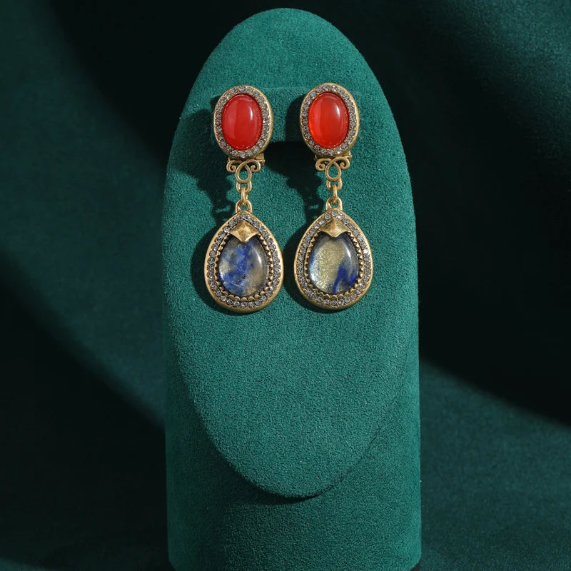 Vintage Duet Drop Earrings: Red Glass & Gradient Opal Cat Eye Stone with Gold Accents