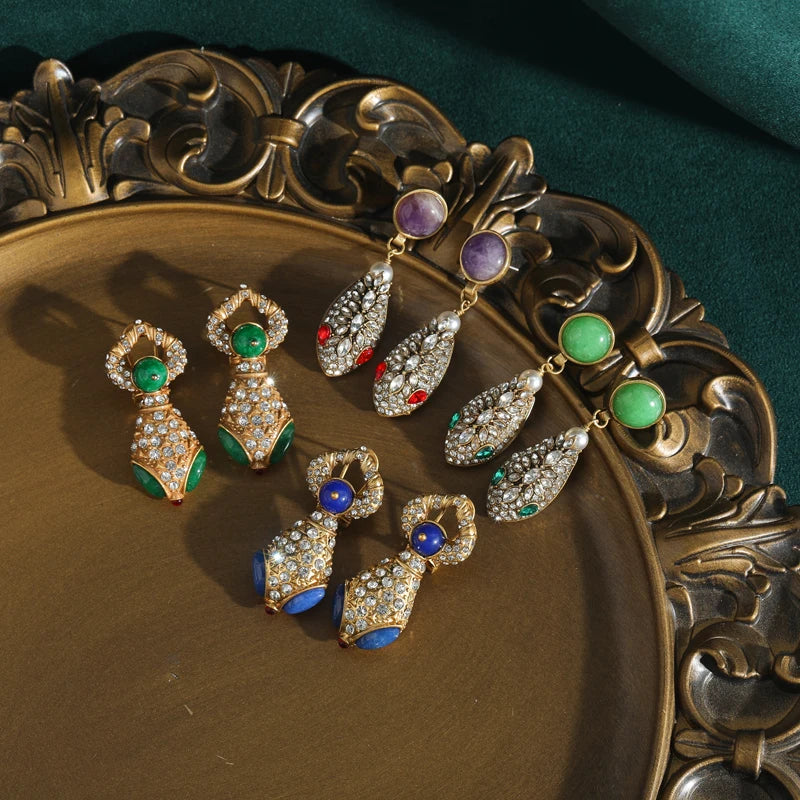 Vintage Snake Head Earrings – Green Crystal Drop