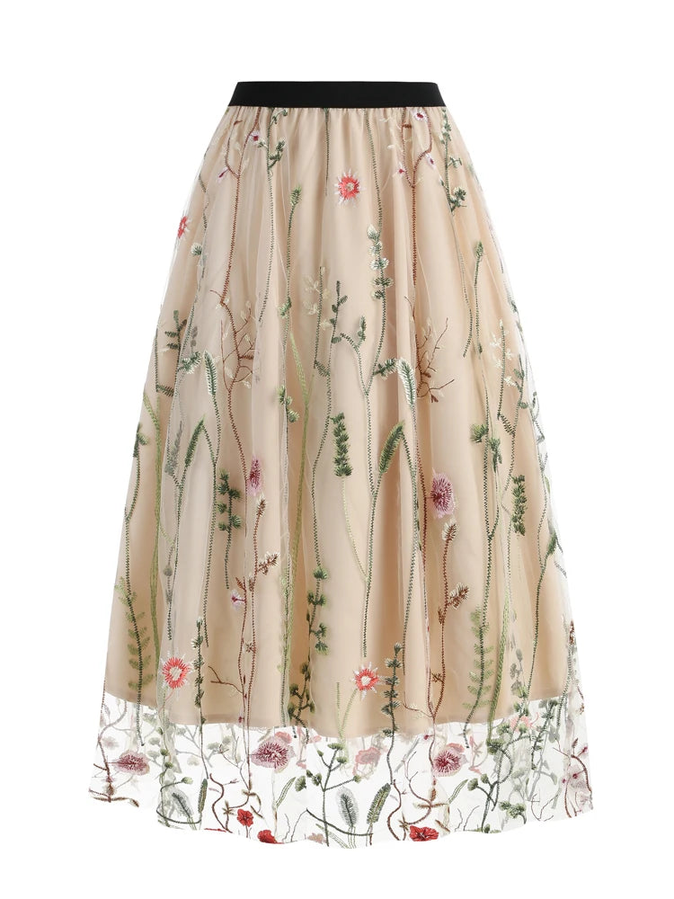 Enchanted Garden Embroidered Tulle Midi Skirt - Whimsical Floral Elegance