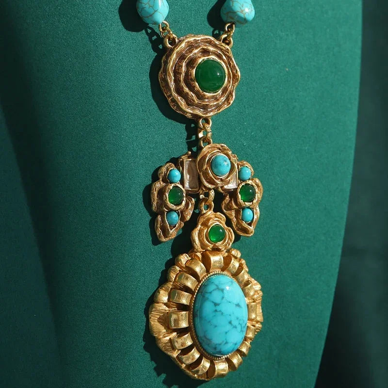 Green Crystal & Turquoise Pendant Necklace – Bohemian Garden Glam