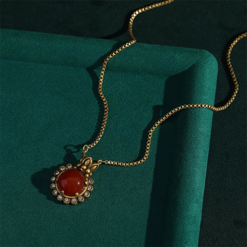 Vintage Red Agate & Rhinestone Gold Tone Pendant Necklace