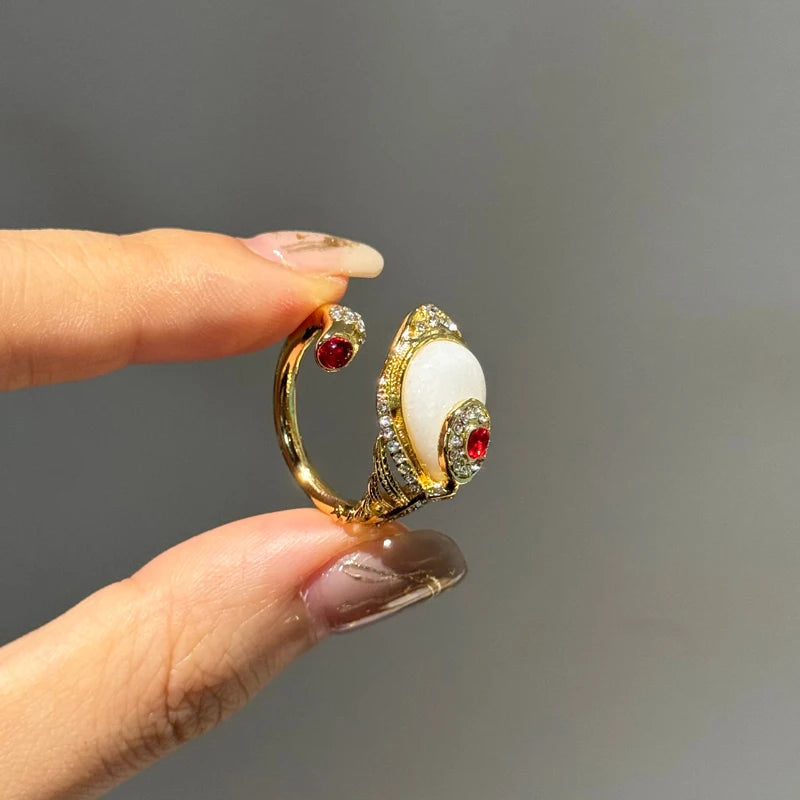 Vintage Snake Coil Ring – White Stone & Red Gem Eyes – Gold-Plated Adjustable