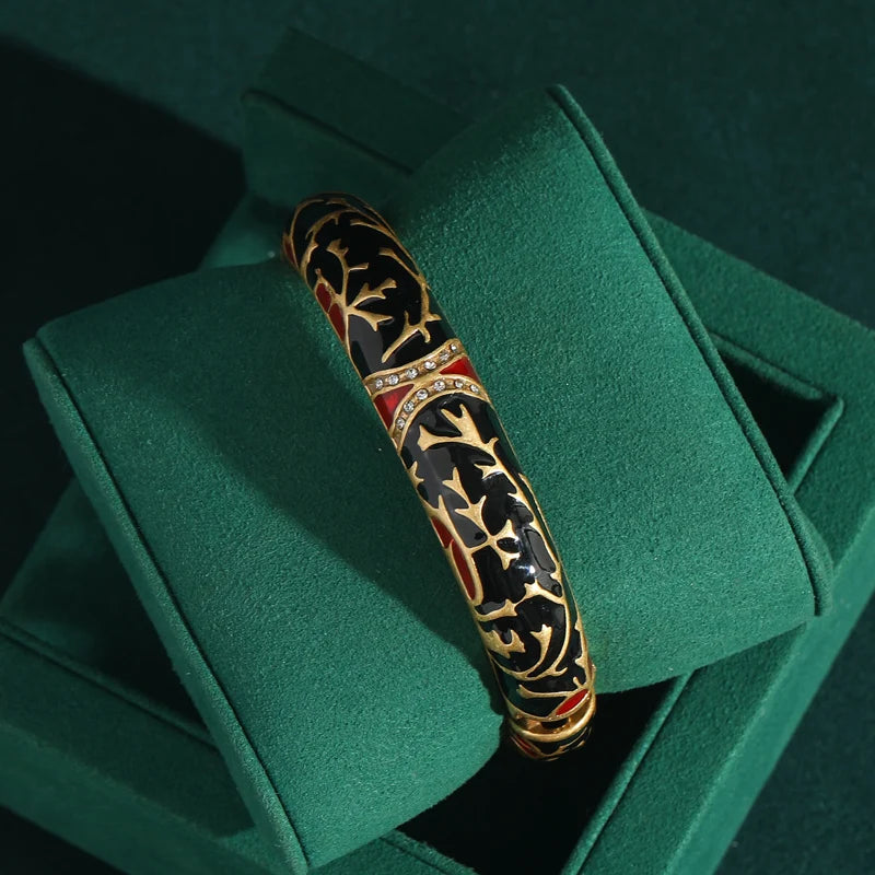 80s Power Glam Leopard Enamel Bangle – Black & Red Animal Print Statement Bracelet