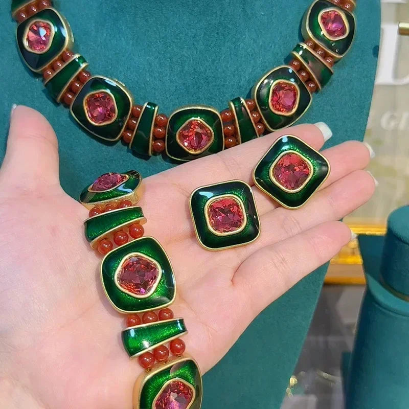 80s Power Glam Pink Crystal Square Stud Earrings – Enamel Sugar Statement Pair