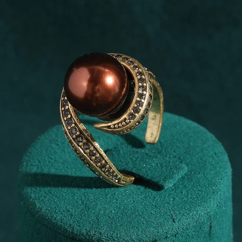 Luxury Vintage Red Copper Brown Pearl Ring