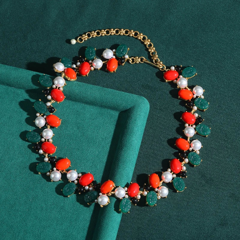 Vintage Red Agate & Green Glaze Pearl Christmas Necklace