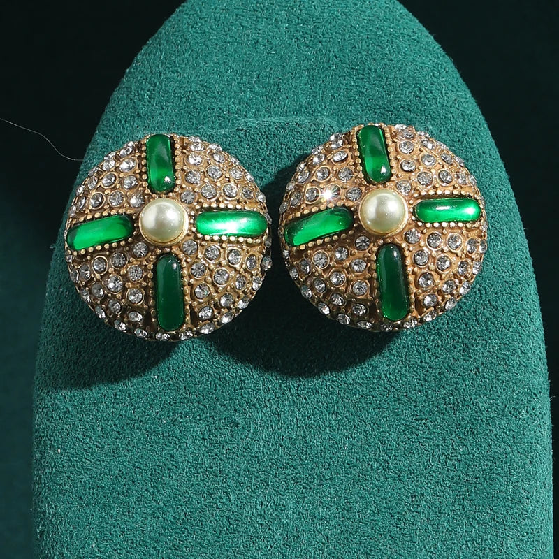 Art Deco Green Glazed Stud Earrings – Round Crystal & Pearl Statement Pair