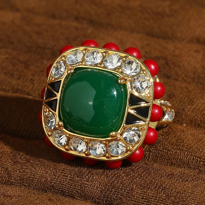 Royal Emerald & Coral Statement Ring – 18K Gold-Plated Copper