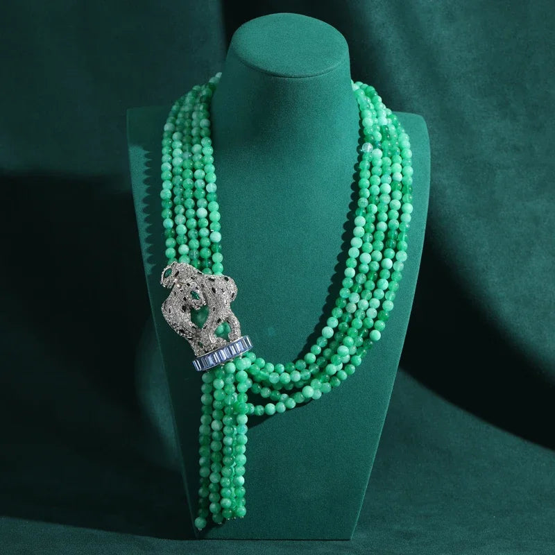 Statement Green Beads Necklace – Leopard Guardian & Crystal Fringe