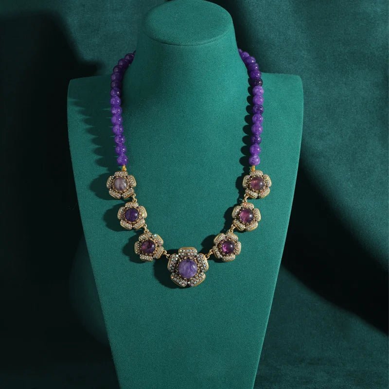 Vintage Purple Glazed Beaded Choker Necklace