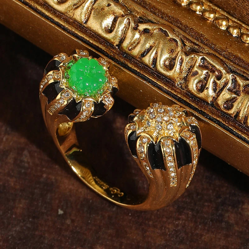 Vintage Green Glaze Pumpkin Gold-Plated Statement Ring – Adjustable