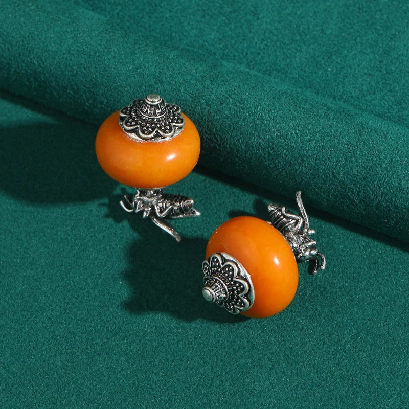 1960s Boho Mod Bee & Beeswax Earrings – Silver-Toned Natural Stone Studs