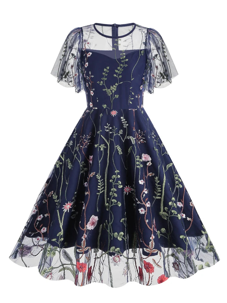 Enchanting Elegance: The "Floral Reverie" Embroidered Mesh Dress!