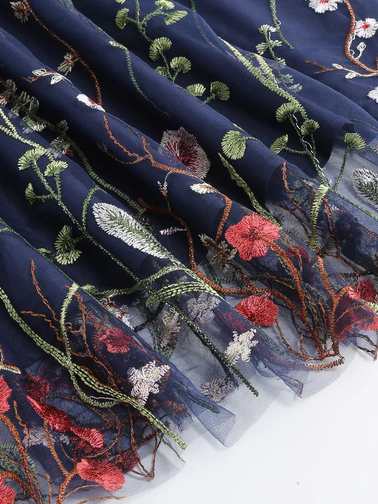 Elegant 1950s Vintage Floral Embroidered Mesh Swing Dress - Illusion Neckline