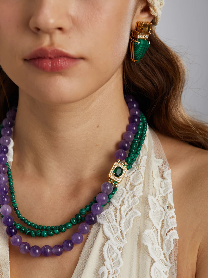 Vintage Green Malachite Beads Necklace – Layered Earth & Crystal Charm