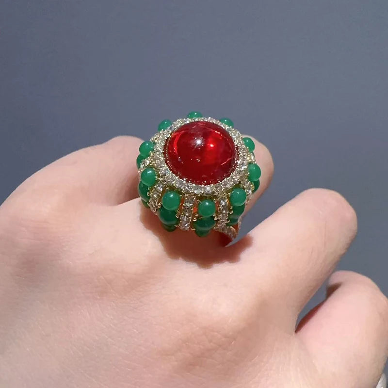 Vintage Red Agate & Green Glaze Gold-Plated Statement Ring – Adjustable
