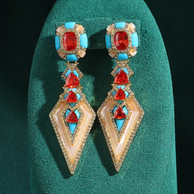 80s Power Glam Red & Blue Triangle Drop Earrings – Geometric Statement Pair