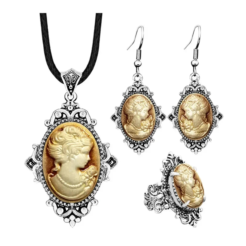 Lady Queen Cameo Jewelry Set (Necklace, Earrings & Ring)