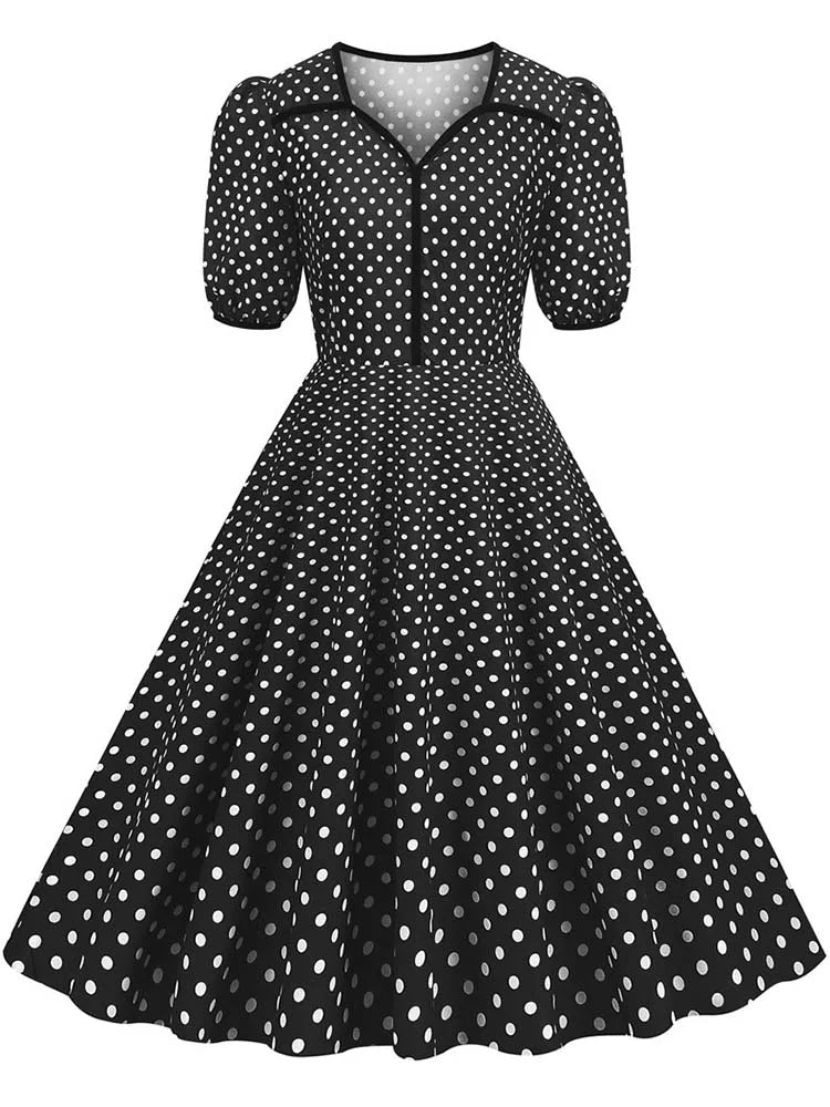 Vintage Polka Dot Swing Dress - Polyester Retro Rockabilly Dress