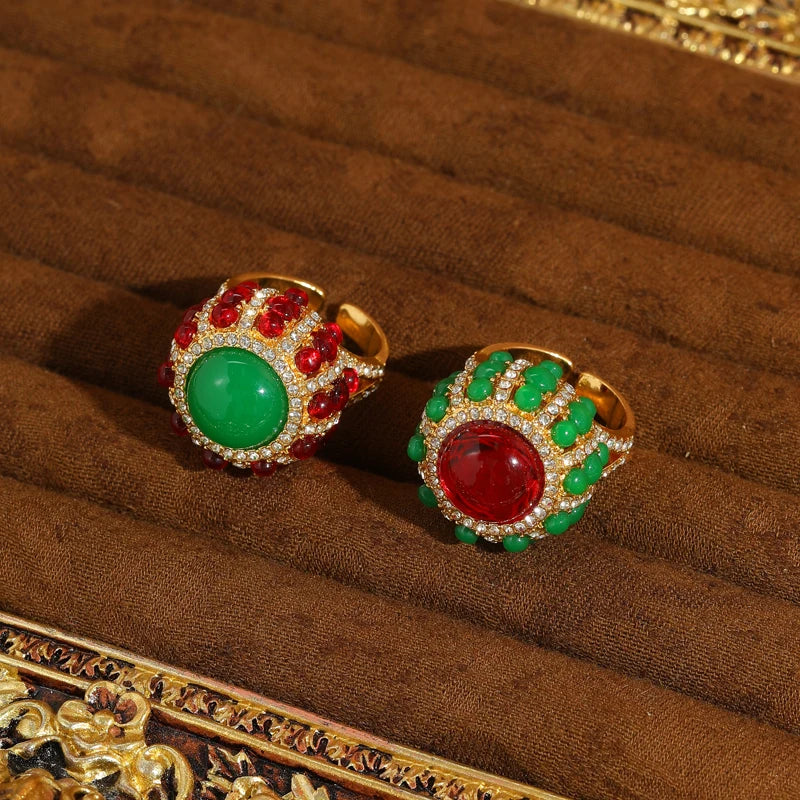 Vintage Red Agate & Green Glaze Gold-Plated Statement Ring – Adjustable
