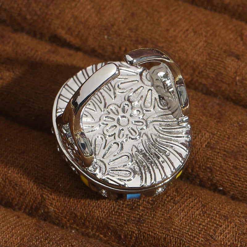 Vintage Enamel Sunburst Cocktail Ring – 18K Gold-Plated