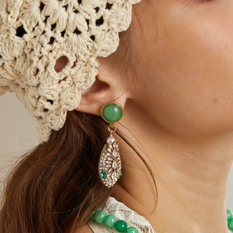 Vintage Snake Head Earrings – Green Crystal Drop