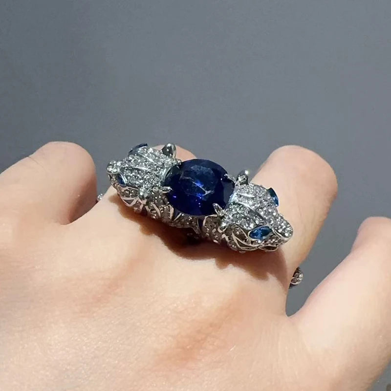 1920s Art Deco Panther Statement Ring – Silver & Sapphire Inlay