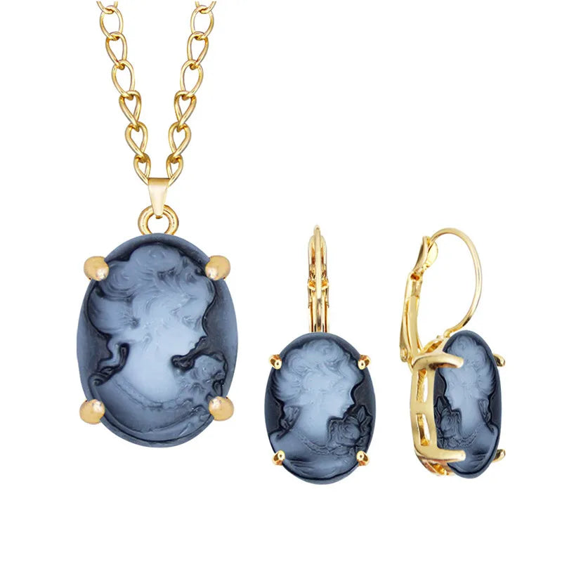 Lady Queen Cameo Jewelry Set – Necklace &amp; Earrings (1890s Inspired)