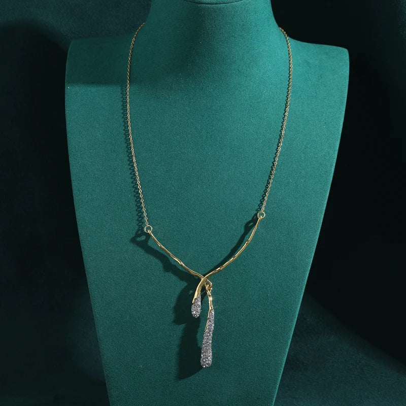 Gothic Glam Water Drop Cross Necklace – Rhinestone Pendant in Antique Gold