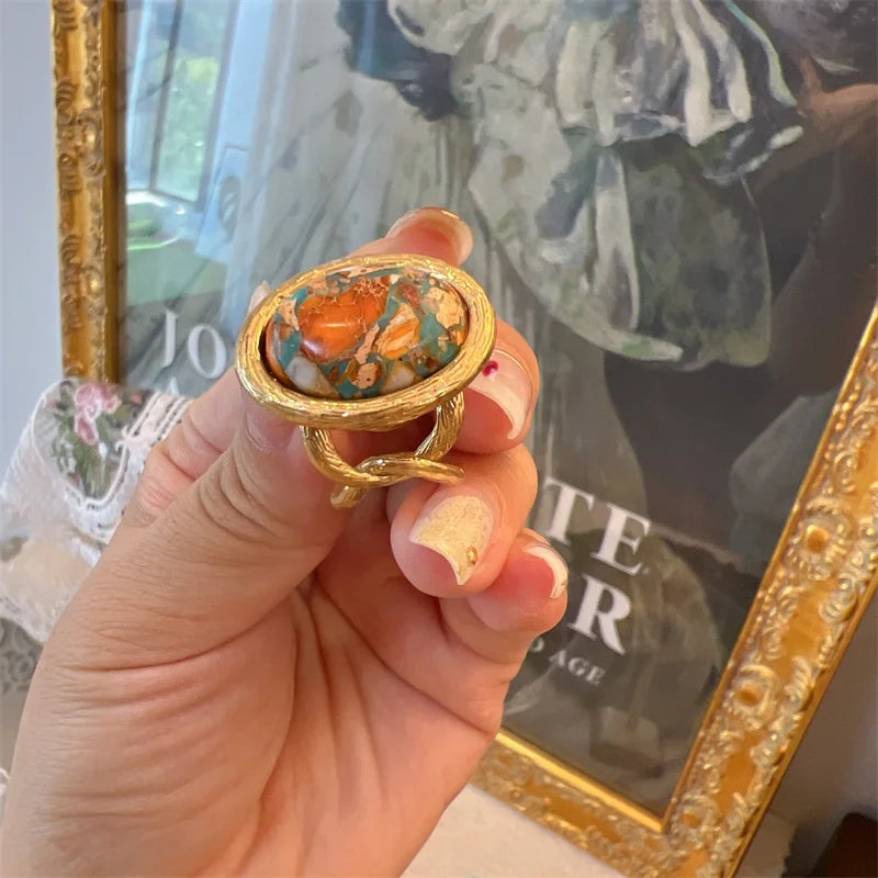 Boho Rococo Nautical Map Jewelry Set – Oval Stone Pendant, Earrings & Ring in Antique Copper