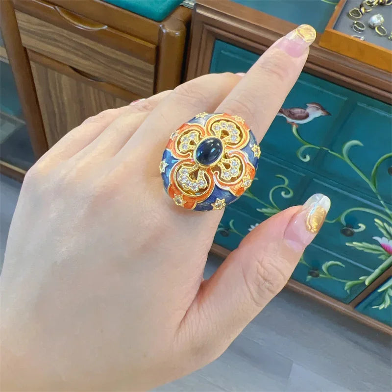 Retro Enamel Floral Ring – Vintage-Inspired European Elegance