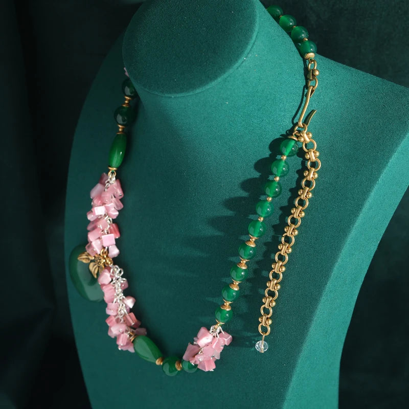 Vintage Jade Beaded Necklace with Pink Flower Accents