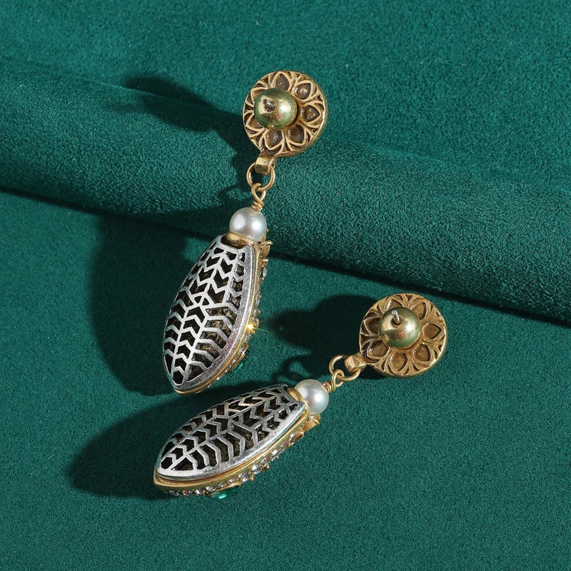 Vintage Snake Head Earrings – Green Crystal Drop