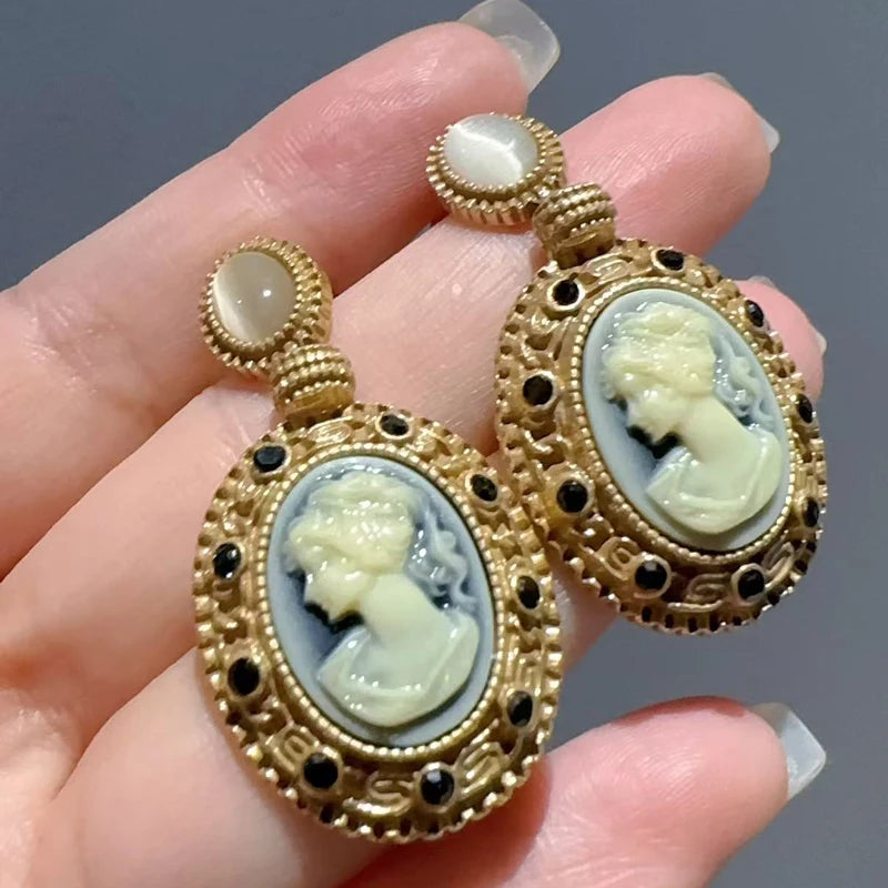 Vintage Oval Cameo Drop Earrings – Classical Elegance